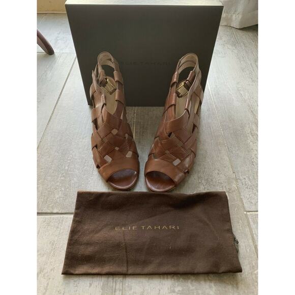 Elie Tahari High Heel Peep Toe Sandals Leather Tan Brown Strappy Designer 39 9 - Picture 2 of 10